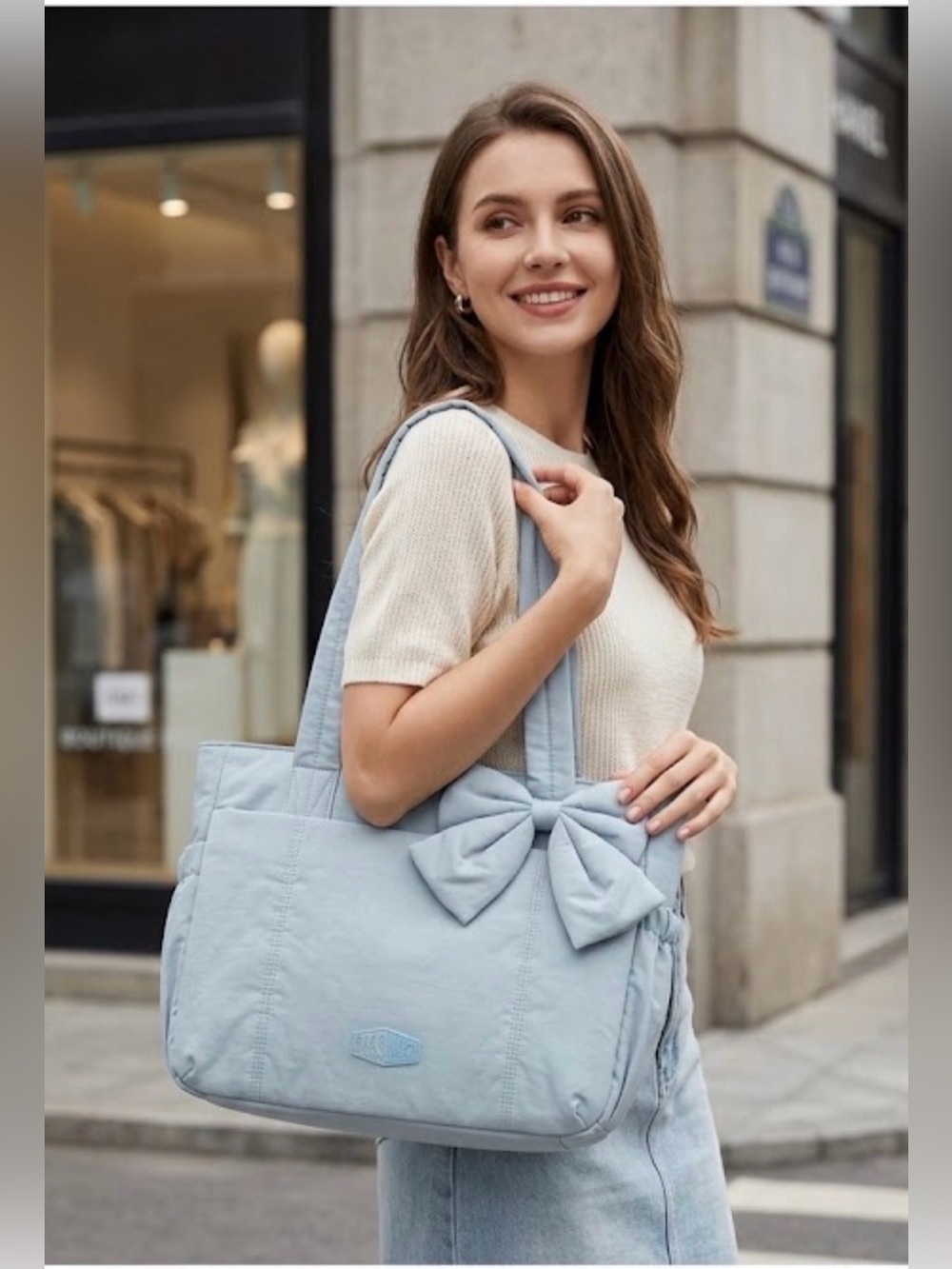Light Blue Tote Bag with Decorative Bow for Women